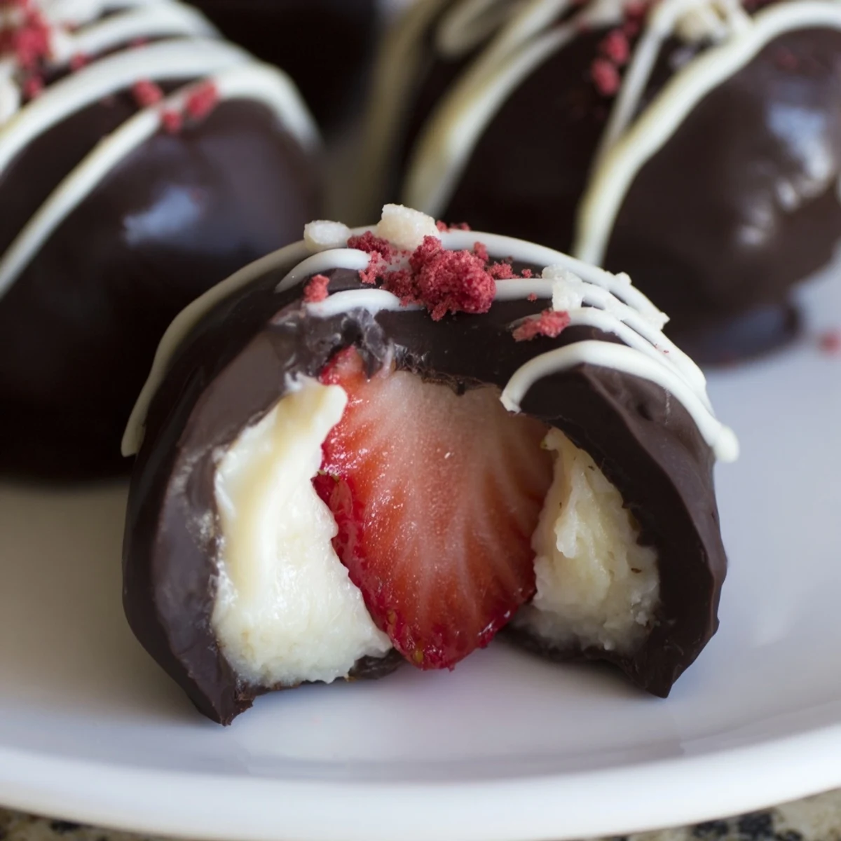 Chilled bite-sized treats with fresh strawberry shells, creamy cheesecake centers, and a rich chocolate coating.