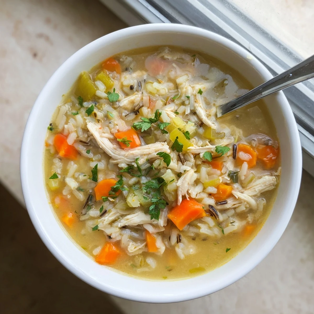 A close-up of Chicken and Wild Rice Soup with Celery, featuring tender chicken, earthy wild rice, and diced carrots in a rich, savory broth, garnished with fresh parsley.