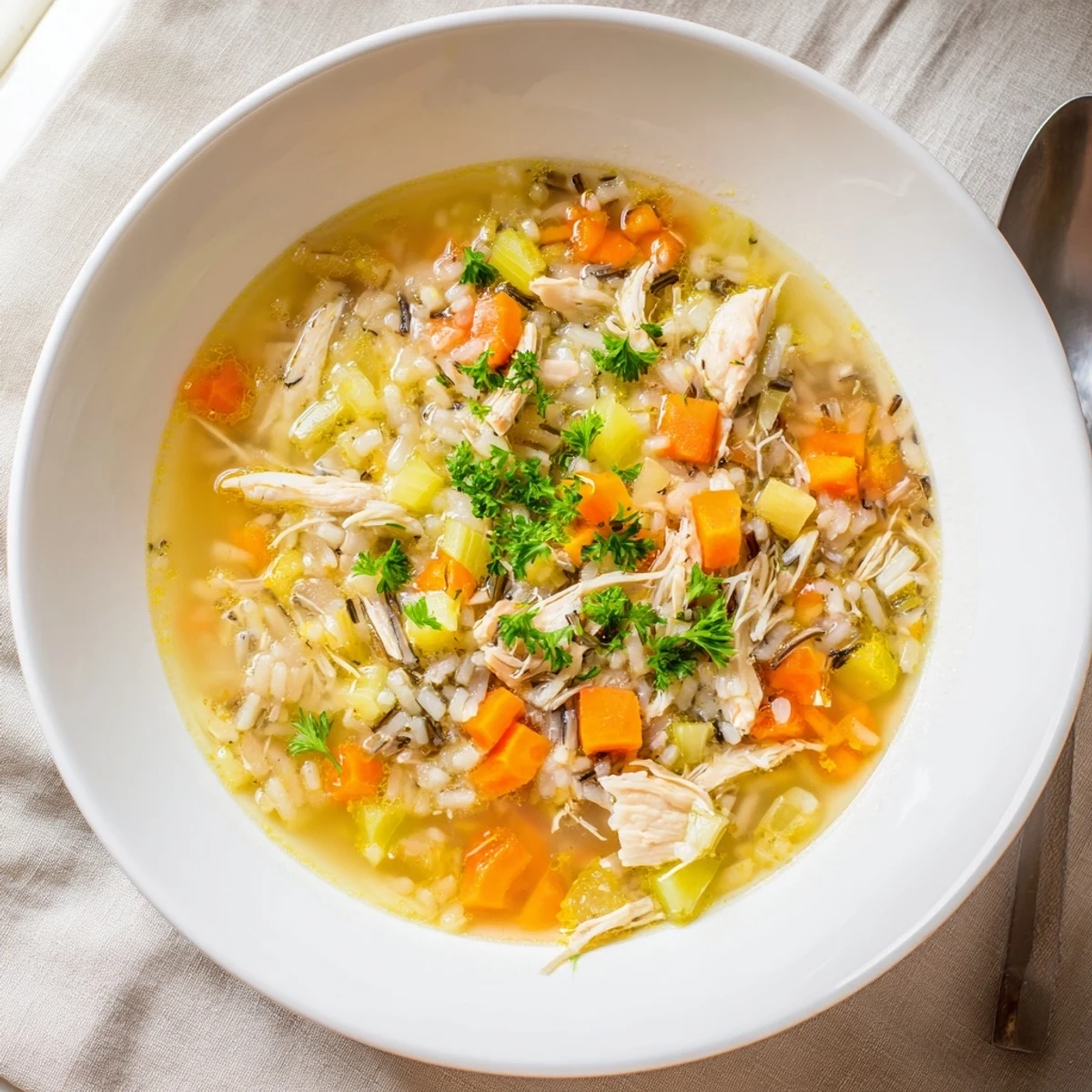 An overhead view of Chicken and Wild Rice Soup with Celery in a rustic pot, showcasing vibrant celery and carrot pieces alongside creamy rice and tender shredded chicken.