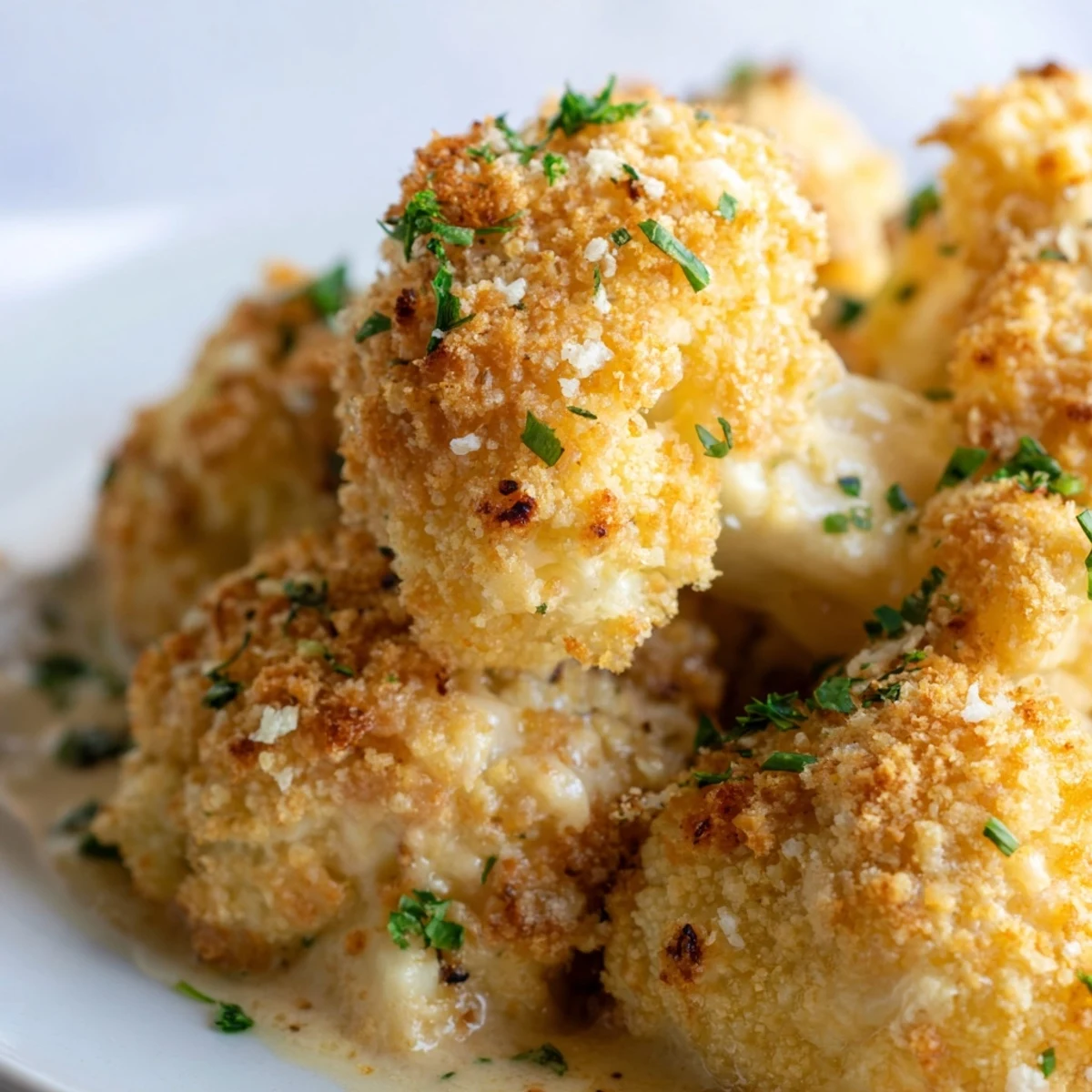 Golden-brown Cheesy Cauliflower Bake with Herbs, bubbling with melted cheddar and Parmesan, garnished with fresh parsley.