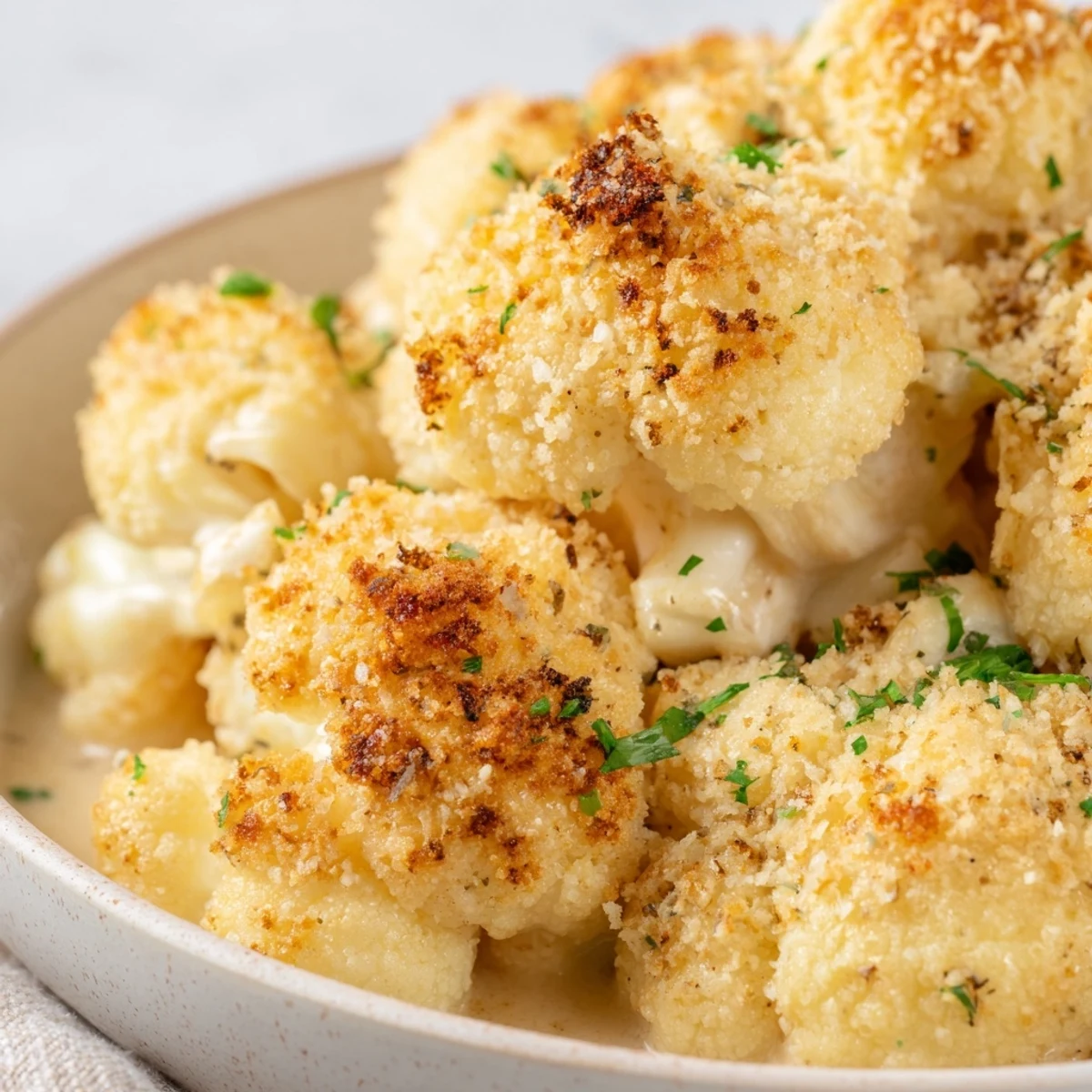 Steaming hot Cheesy Cauliflower Bake with Herbs, served from a rustic dish beside a vibrant green salad.