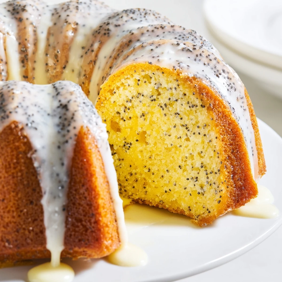 A glossy Lemon Poppy Seed Bundt Cake with a sweet, tangy lemon glaze drizzled over the ridges.