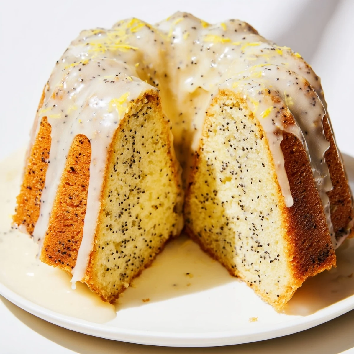 A freshly baked Lemon Poppy Seed Bundt Cake on a cake stand, showing moist crumb and crunchy poppy seeds.