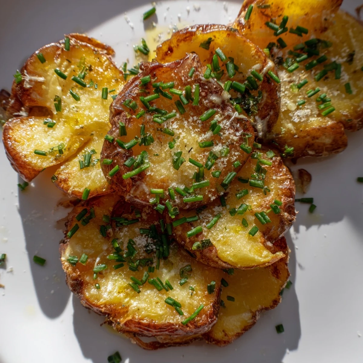 Garlic Parmesan Smashed Potatoes with Fresh Chives are golden and crispy on the edges, with tender centers perfect for a family side dish.  
