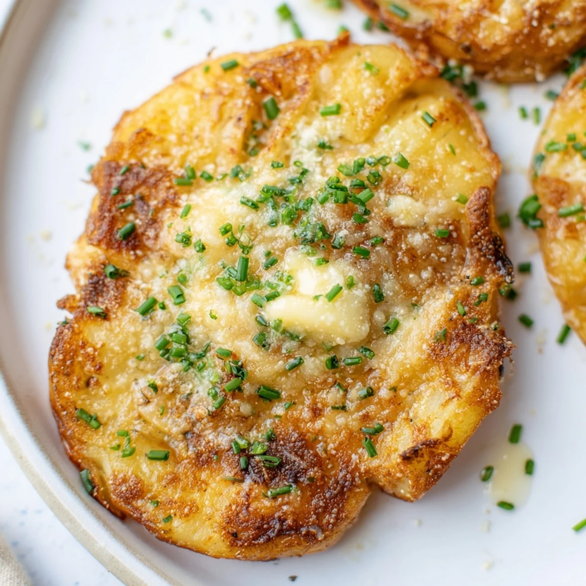 Rustic smashed potatoes feature fresh chives and melted Parmesan, creating a savory, vegetarian-friendly star on any dinner table.  