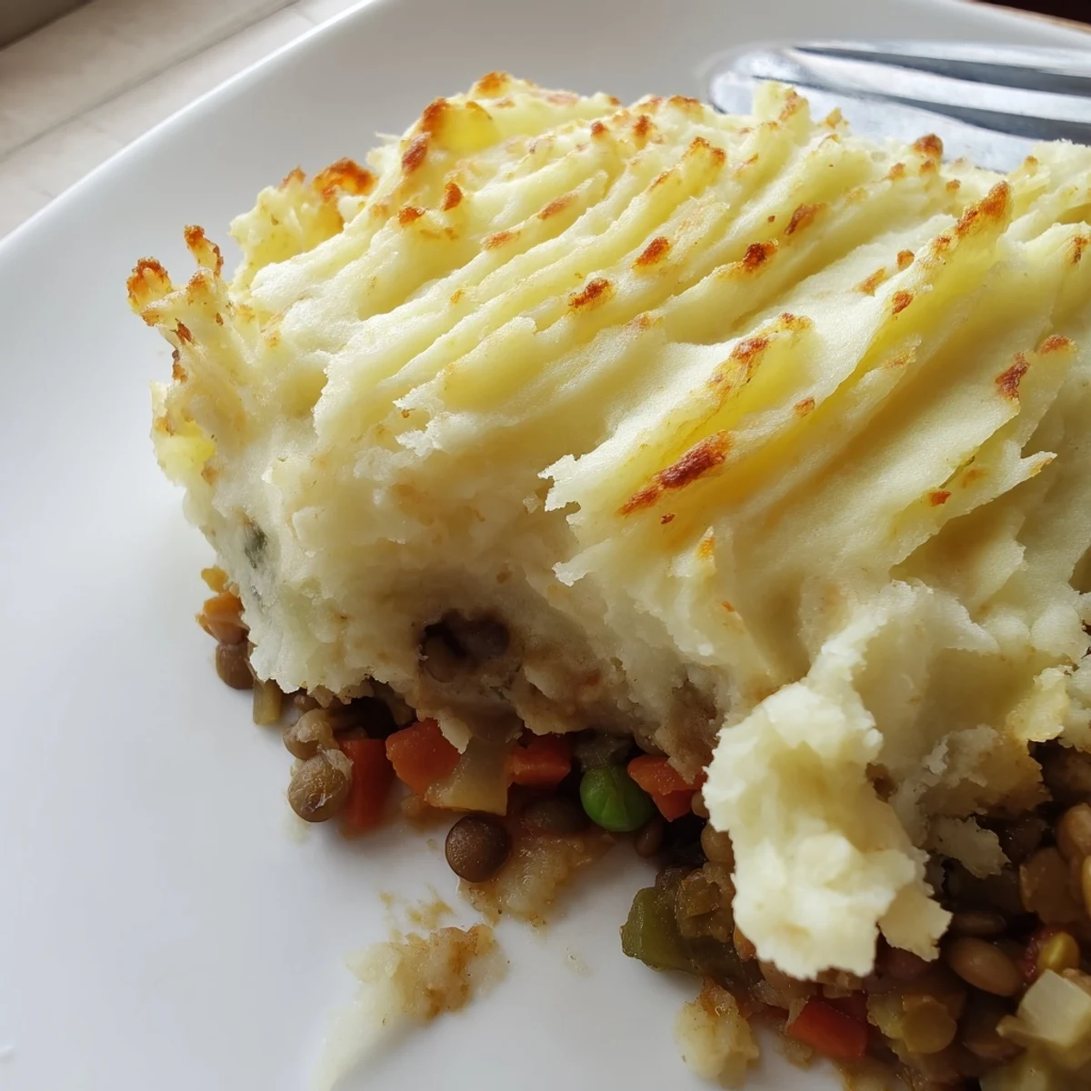 Golden-brown Vegan Lentil Shepherds Pie with Fluffy Mash rests in a baking dish, steam rising from the creamy potato topping over the rich, hearty lentil filling.