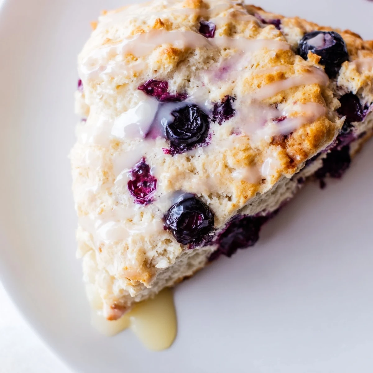 A close-up of a Lemon Blueberry Scone, crumbly and studded with juicy berries, drizzled with tangy glaze.