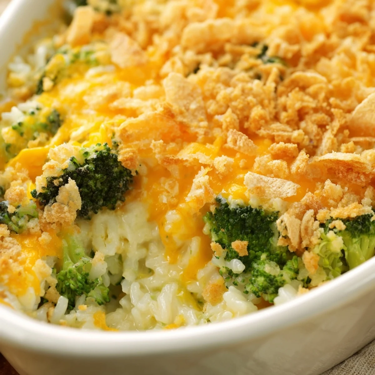 A spoon scoops a creamy serving of Cheesy Broccoli and Rice Casserole, revealing the rich cheese sauce mixed with rice and broccoli.