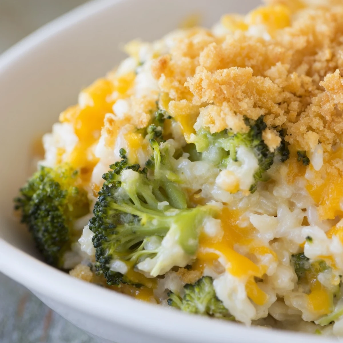 Golden-brown Cheesy Broccoli and Rice Casserole bubbling in a dish, with melted cheddar and tender green florets on fluffy white rice.