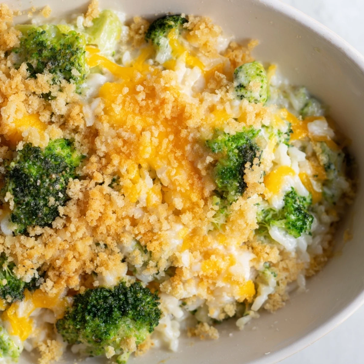 Ready-to-bake Cheesy Broccoli and Rice Casserole topped with buttery breadcrumbs and shredded cheddar in a casserole dish.