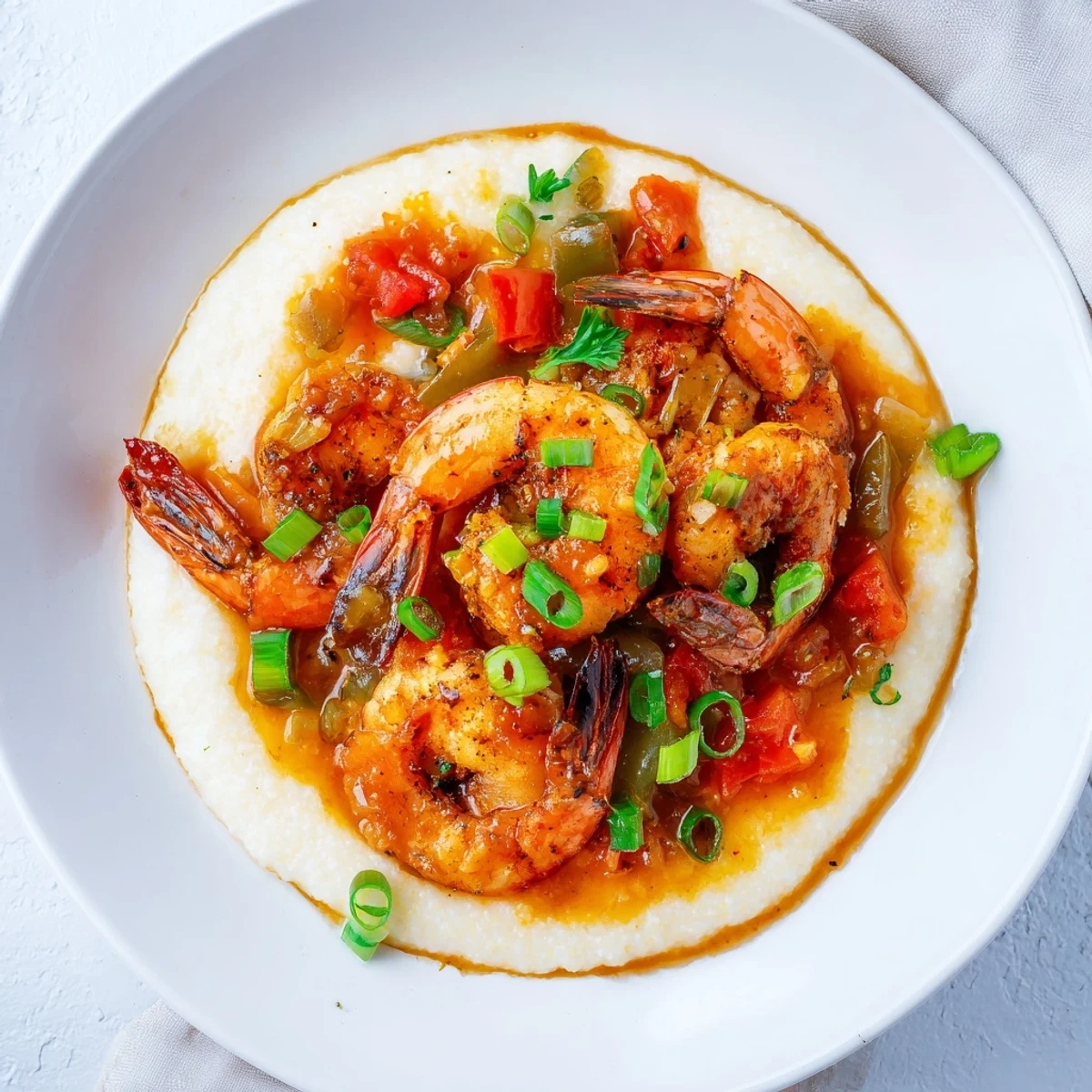 Golden seared shrimp over rich, buttery grits, topped with a hearty, savory tomato gravy and fresh green onions.