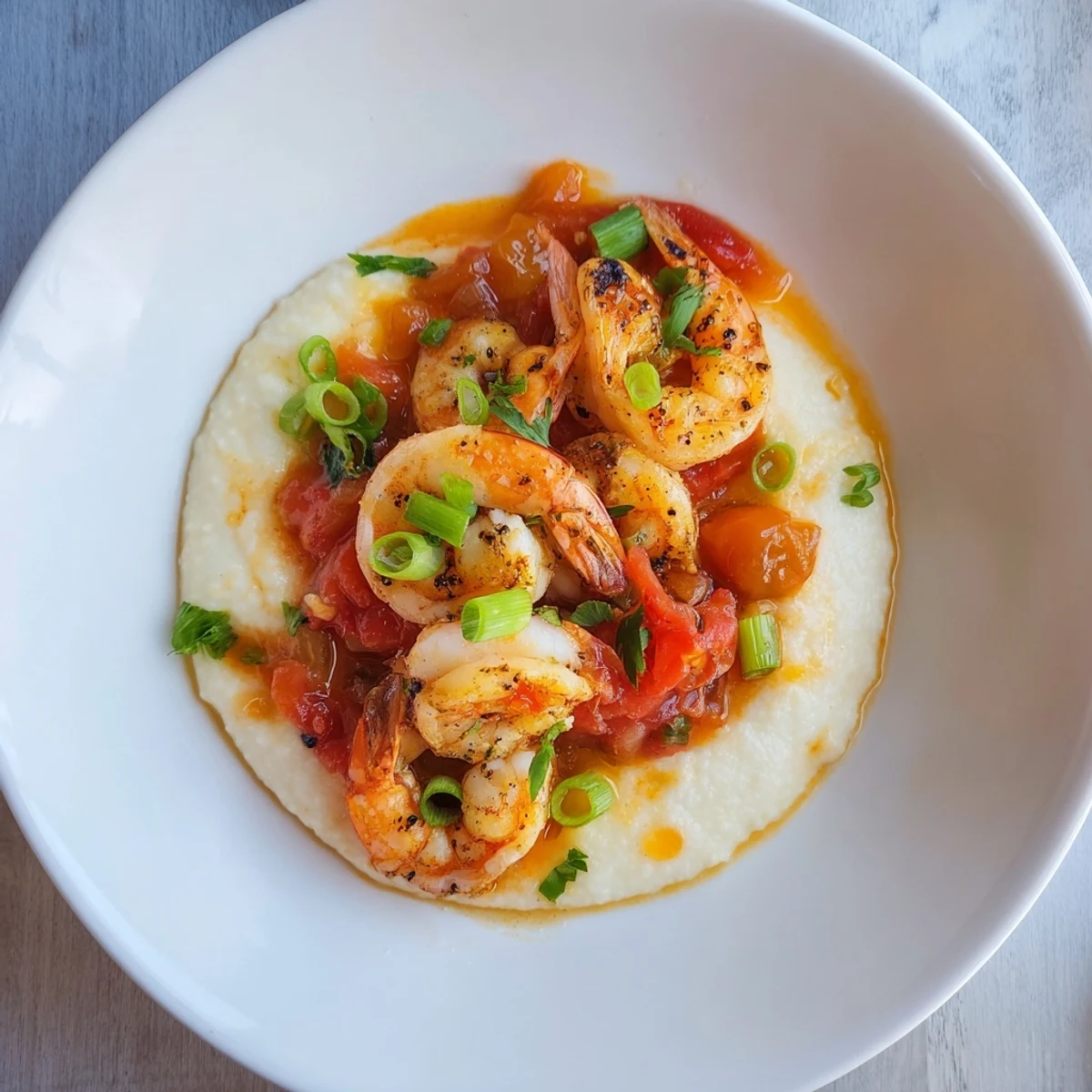 Plump, Cajun-spiced shrimp nestled on creamy cheddar grits, smothered in a vibrant, lightly spicy tomato gravy.