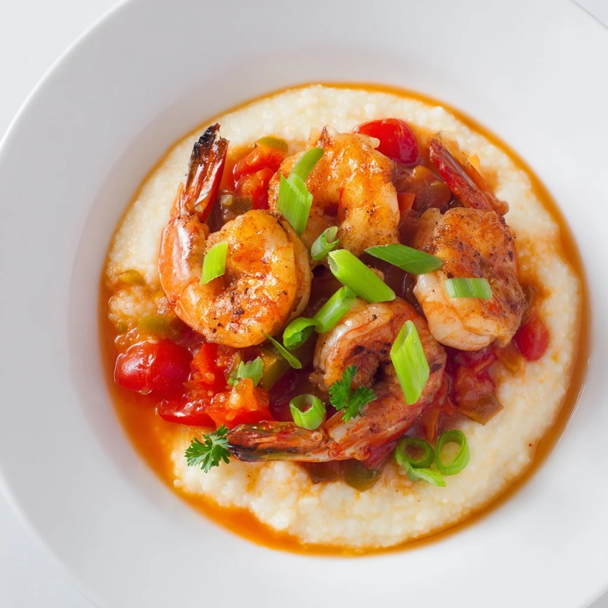 A festive plate of Mardi Gras Shrimp and Grits featuring tender shrimp, smooth grits, and a chunky, warm tomato topping.