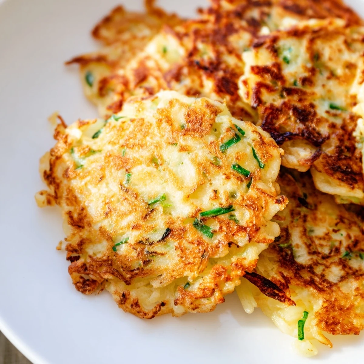 Freshly cooked Irish Potato Cakes with Scallions arranged on a wooden board, garnished with butter and a side of sour cream.  
