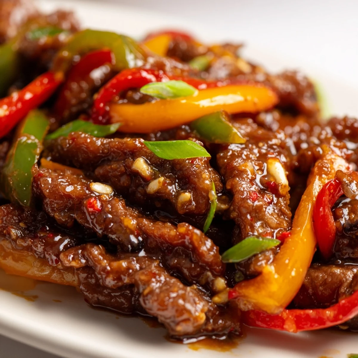 A close-up of Spicy Beef and Pepper Stir Fry reveals glistening beef, vibrant peppers, and fragrant garlic, ready to be served over steamed rice.  