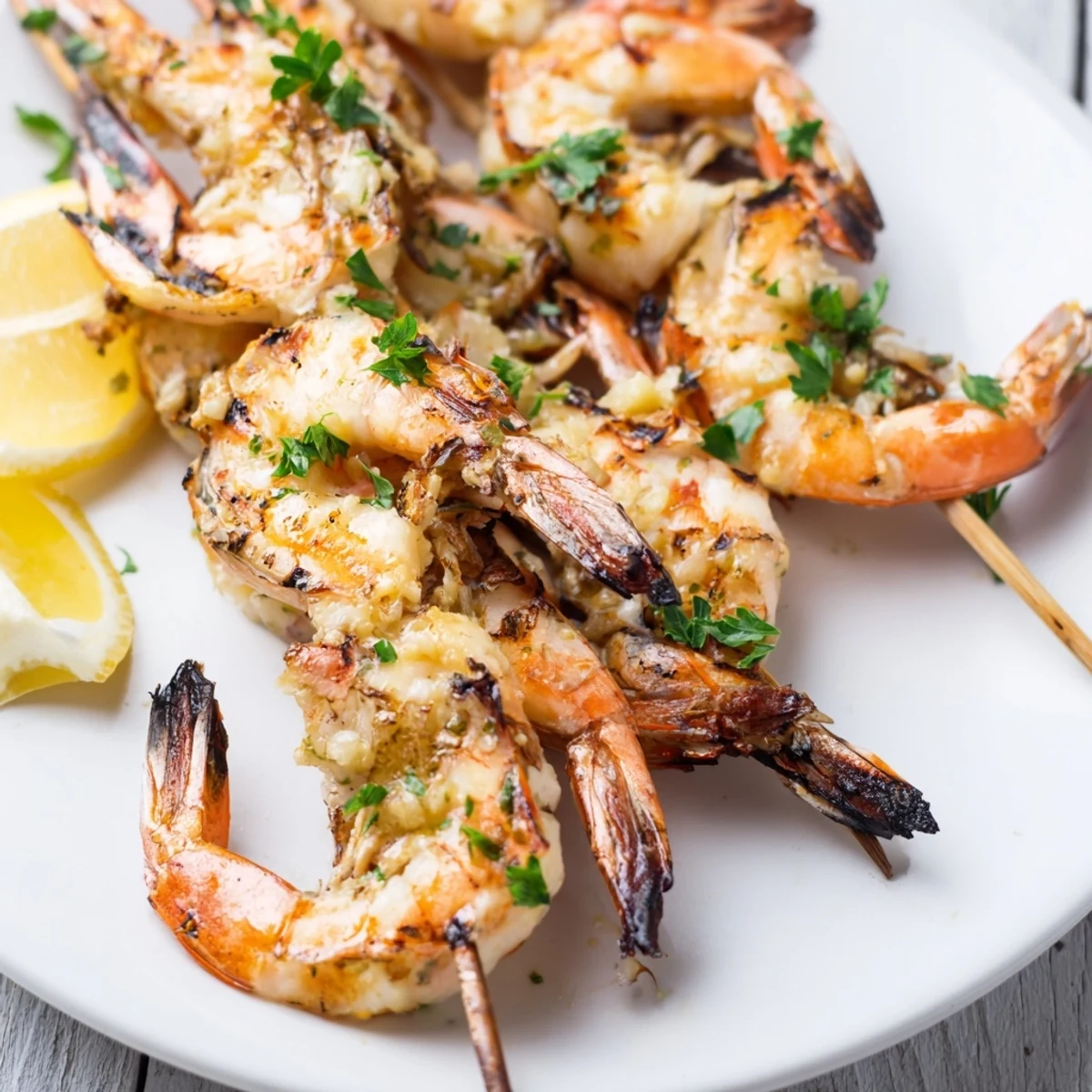 Grilled lemon garlic shrimp skewers glistening with herbs and zesty marinade on a rustic platter with lemon wedges.
