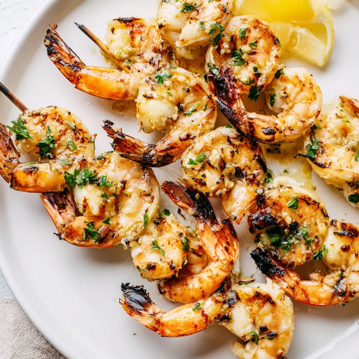 Close-up of tender marinated shrimp on skewers with charred edges and vibrant lemon slices for a light appetizer.