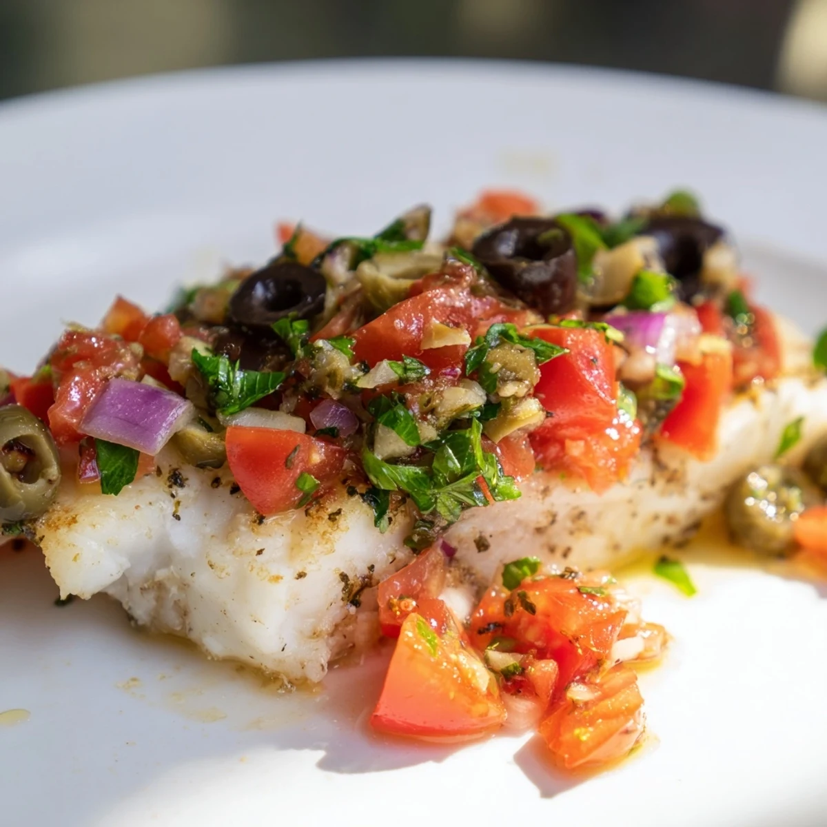 Freshly baked cod fillets topped with a vibrant tomato and olive salsa, served on a white plate with lemon wedges.