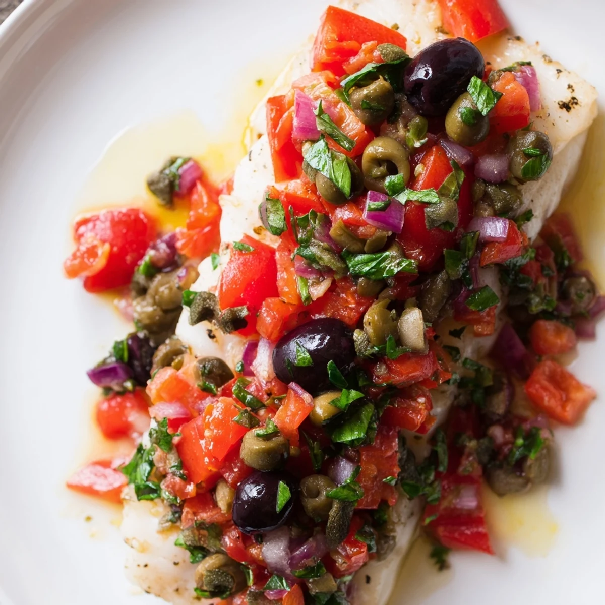 Colorful Mediterranean-inspired Baked Cod with Tomato and Olive Salsa garnished with fresh herbs, ready to be served for dinner.