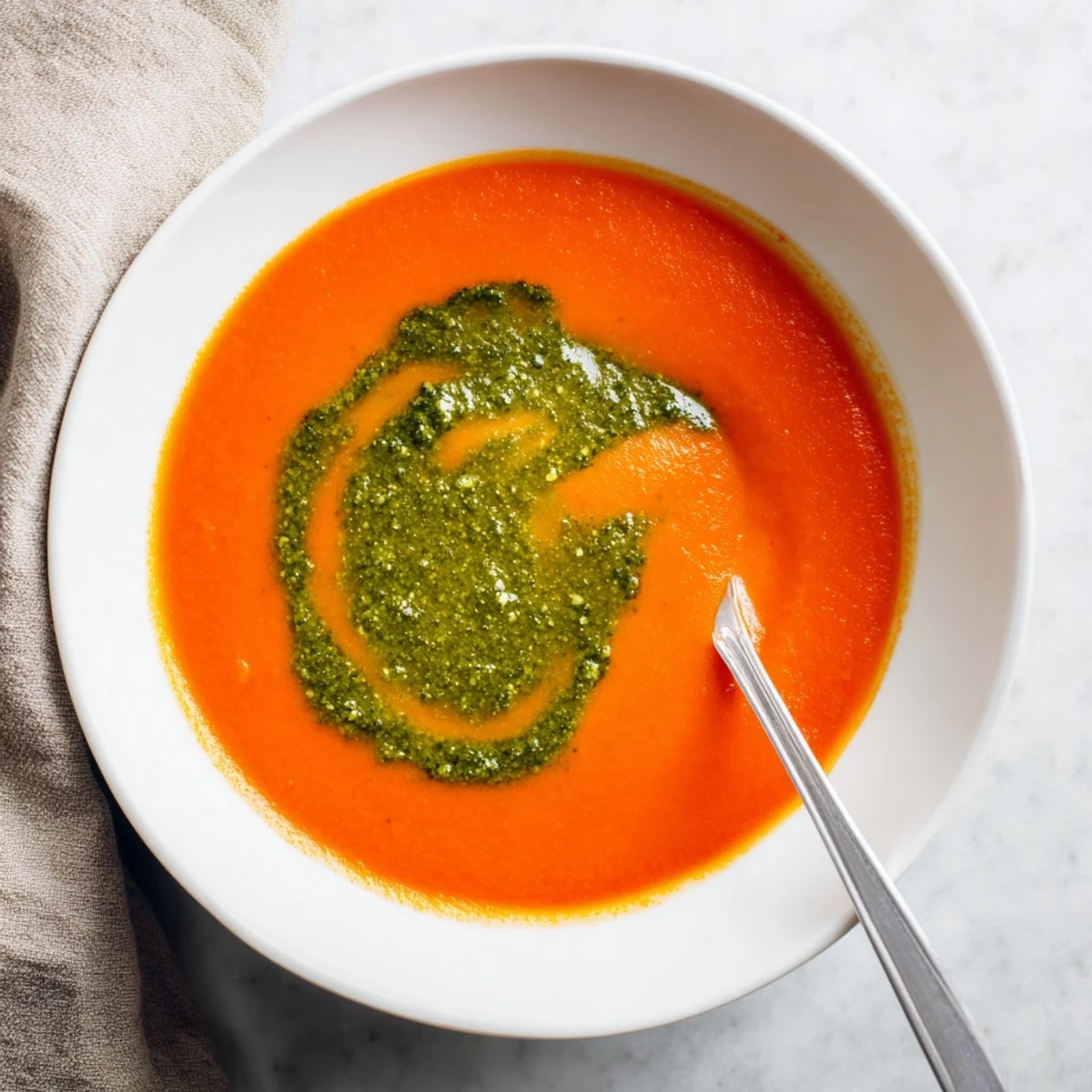 Creamy Tomato Soup with Basil Pesto served in a rustic white bowl with a swirl of vibrant green pesto and fresh basil garnish.