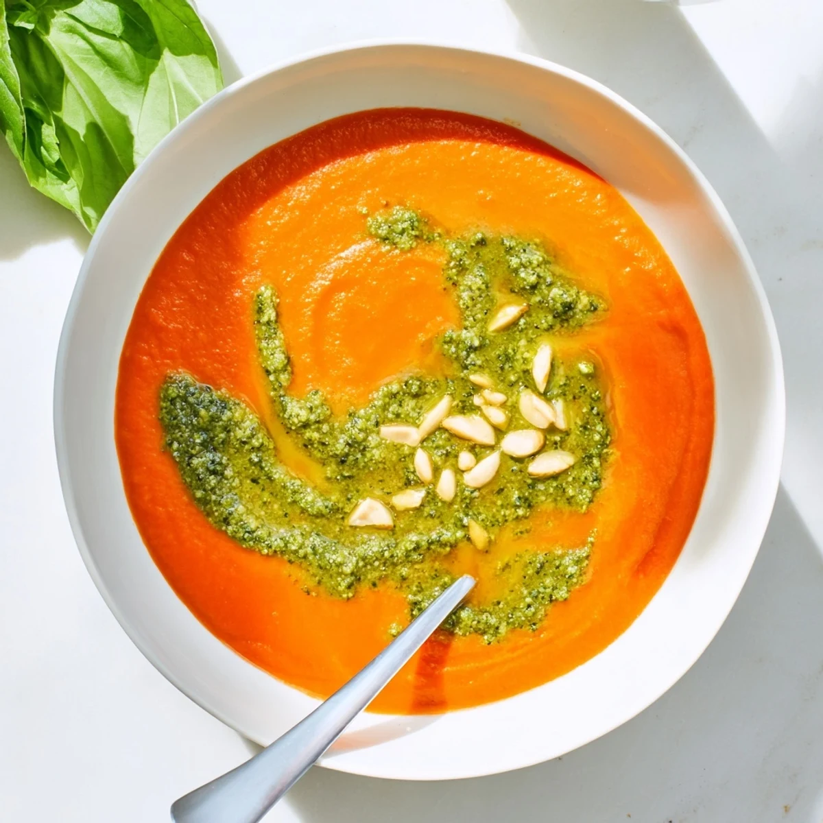 A comforting bowl of Creamy Tomato Soup with Basil Pesto, perfect for pairing with a crispy grilled cheese sandwich for lunch.