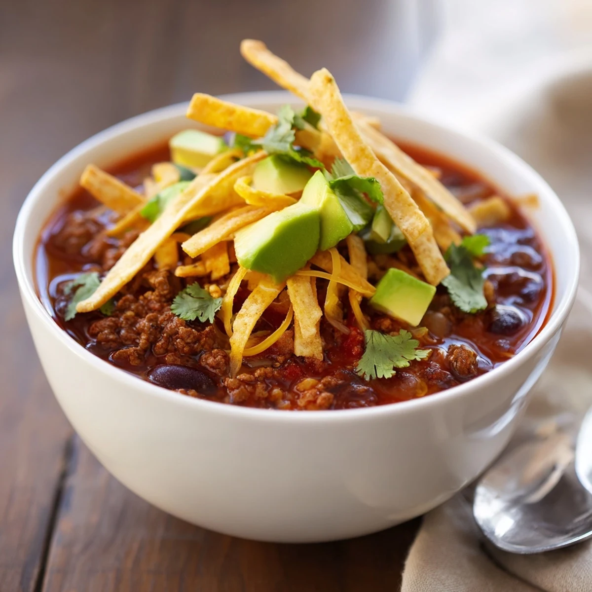 Crispy homemade tortilla strips crown this savory Beef Enchilada Soup, served with sour cream and fresh cilantro.