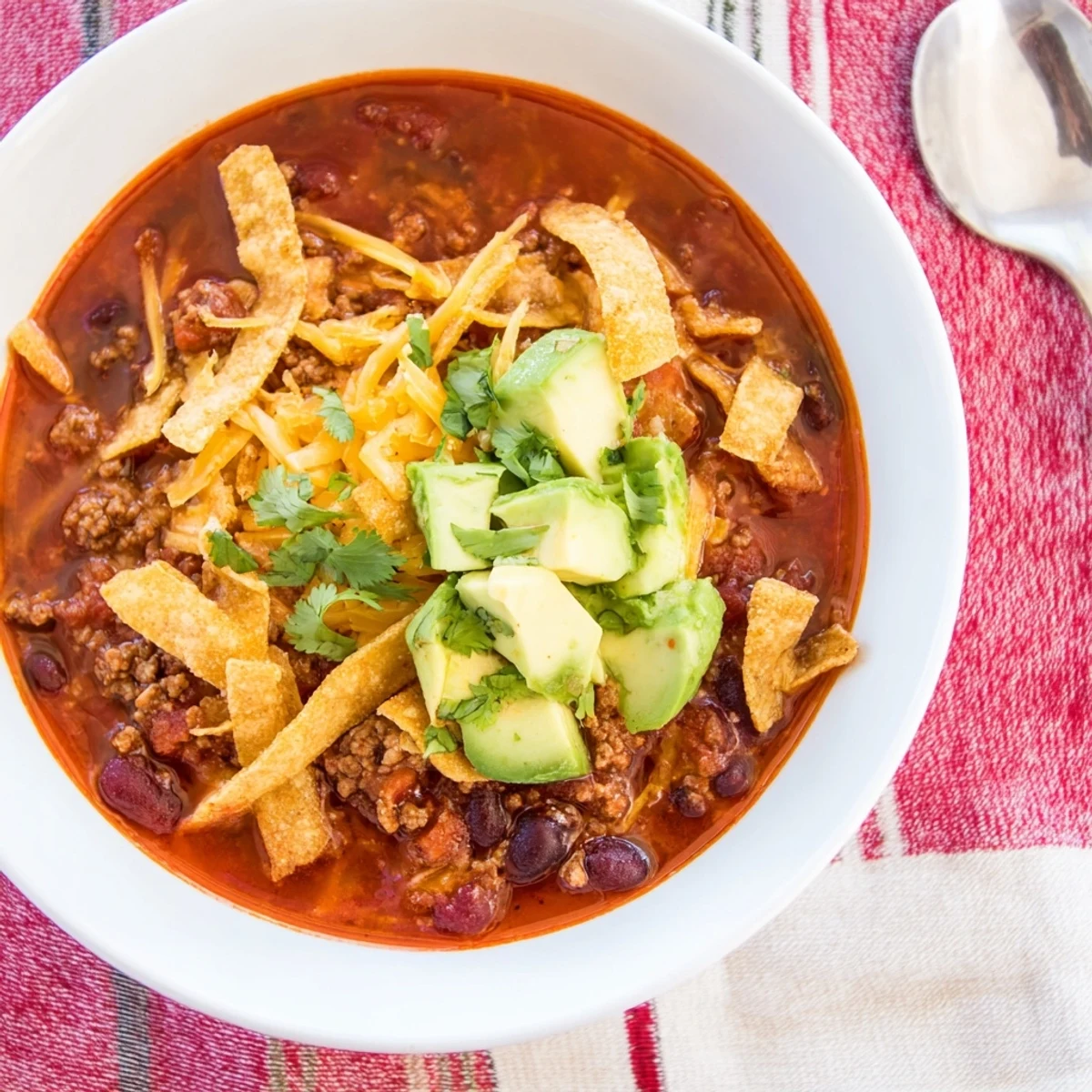 Ground beef, black beans, and corn simmer in a rich red enchilada sauce, creating a hearty Mexican-inspired soup.  