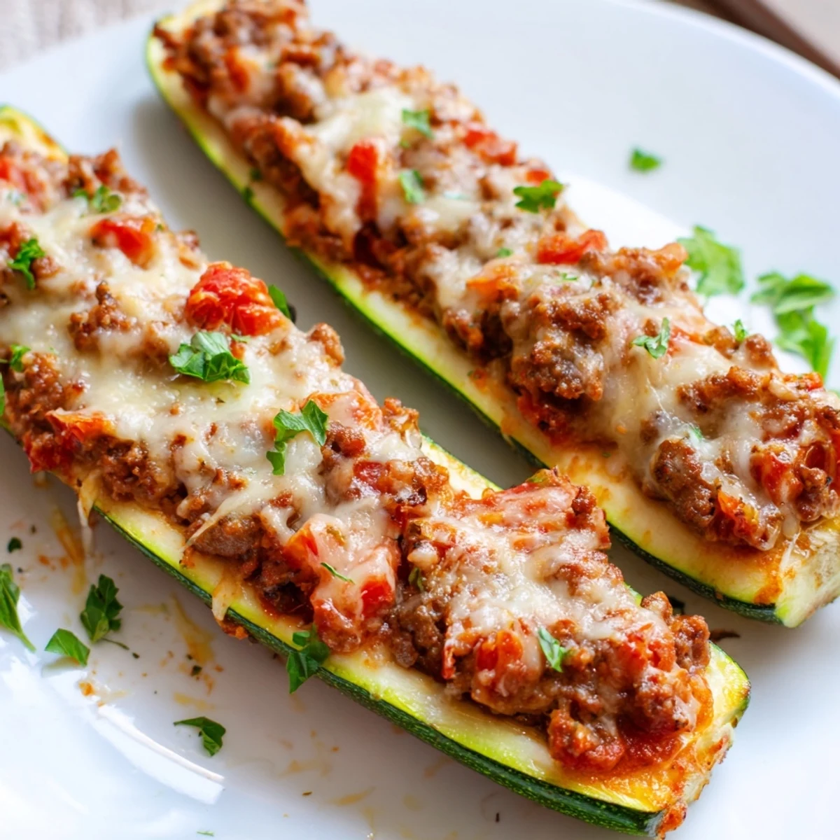 Golden, bubbly mozzarella tops oven-baked zucchini boats stuffed with a hearty ground beef and tomato filling, served warm as a low-carb main dish.