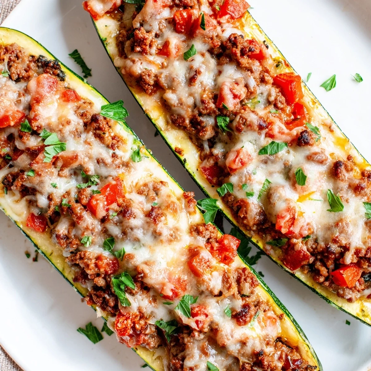 A close-up of tender zucchini halves filled with savory ground beef, herbs, and melted cheese, perfect for a family-friendly weeknight dinner.