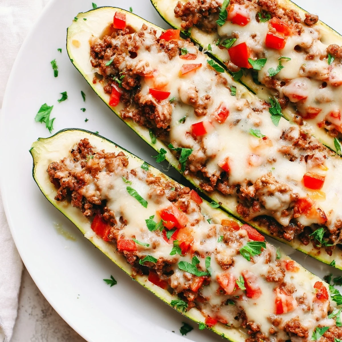 Freshly baked zucchini boats stuffed with ground beef, garnished with parsley, paired with a side salad for a complete gluten-free meal.