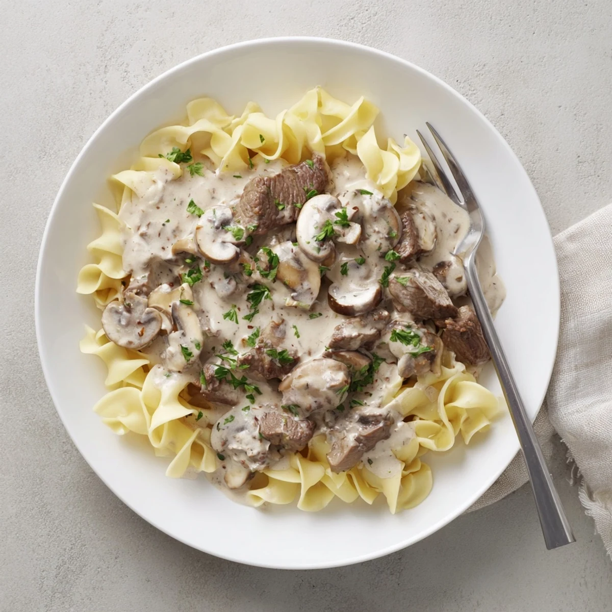 Plated Beef Stroganoff over egg noodles garnished with fresh parsley and rich gravy.