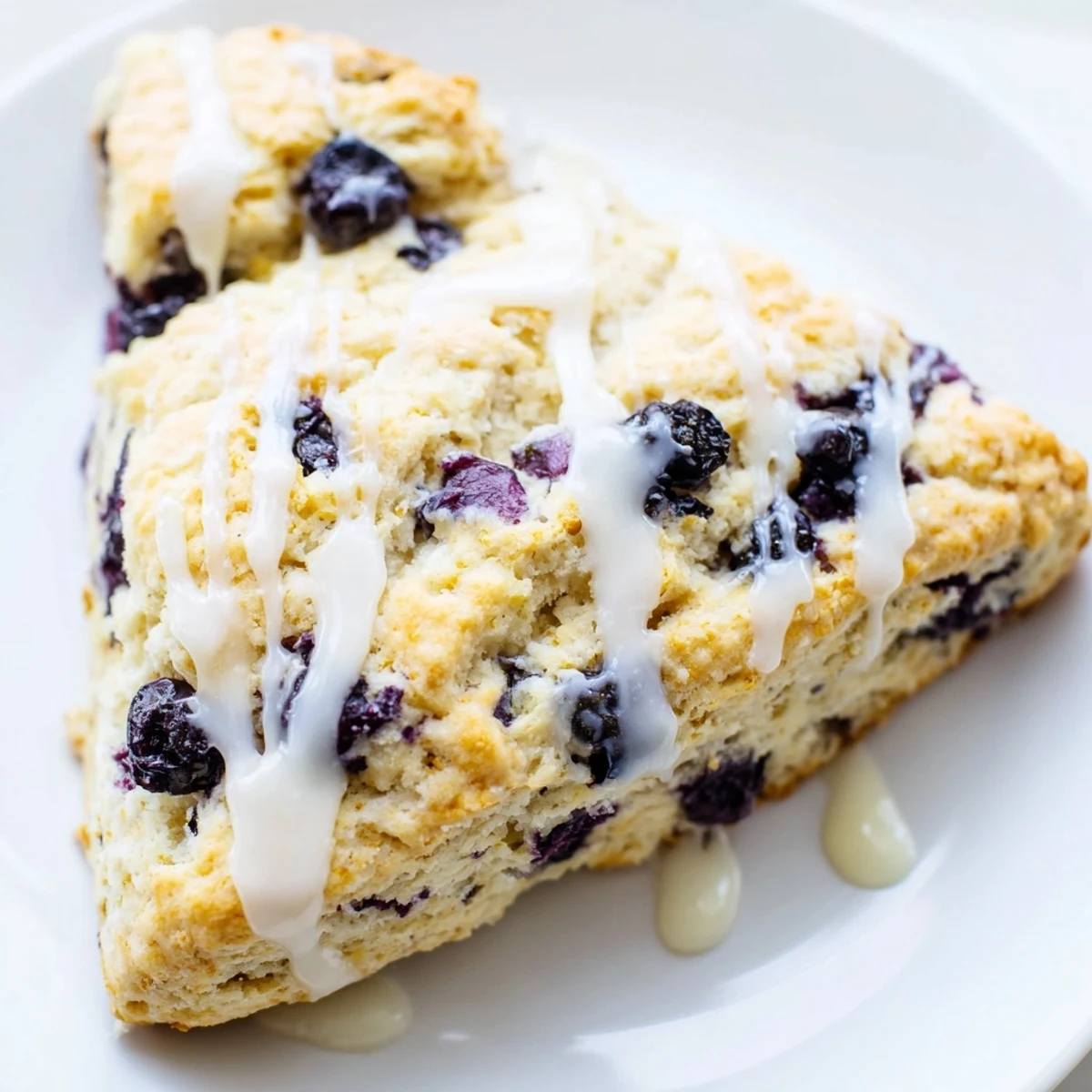 Freshly baked Lemon Blueberry Scones with Vanilla Glaze are arranged on a rustic wooden table, ready for a brunch serving.