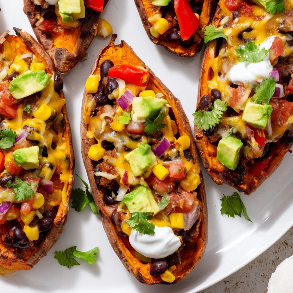 Crispy baked Loaded Sweet Potato Skins with Black Beans, topped with melted cheese, fresh salsa, and avocado.