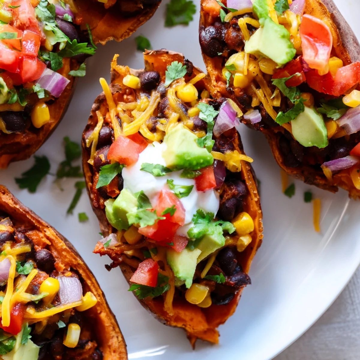 A platter of Loaded Sweet Potato Skins with Black Beans, garnished with cilantro and lime wedges for serving.