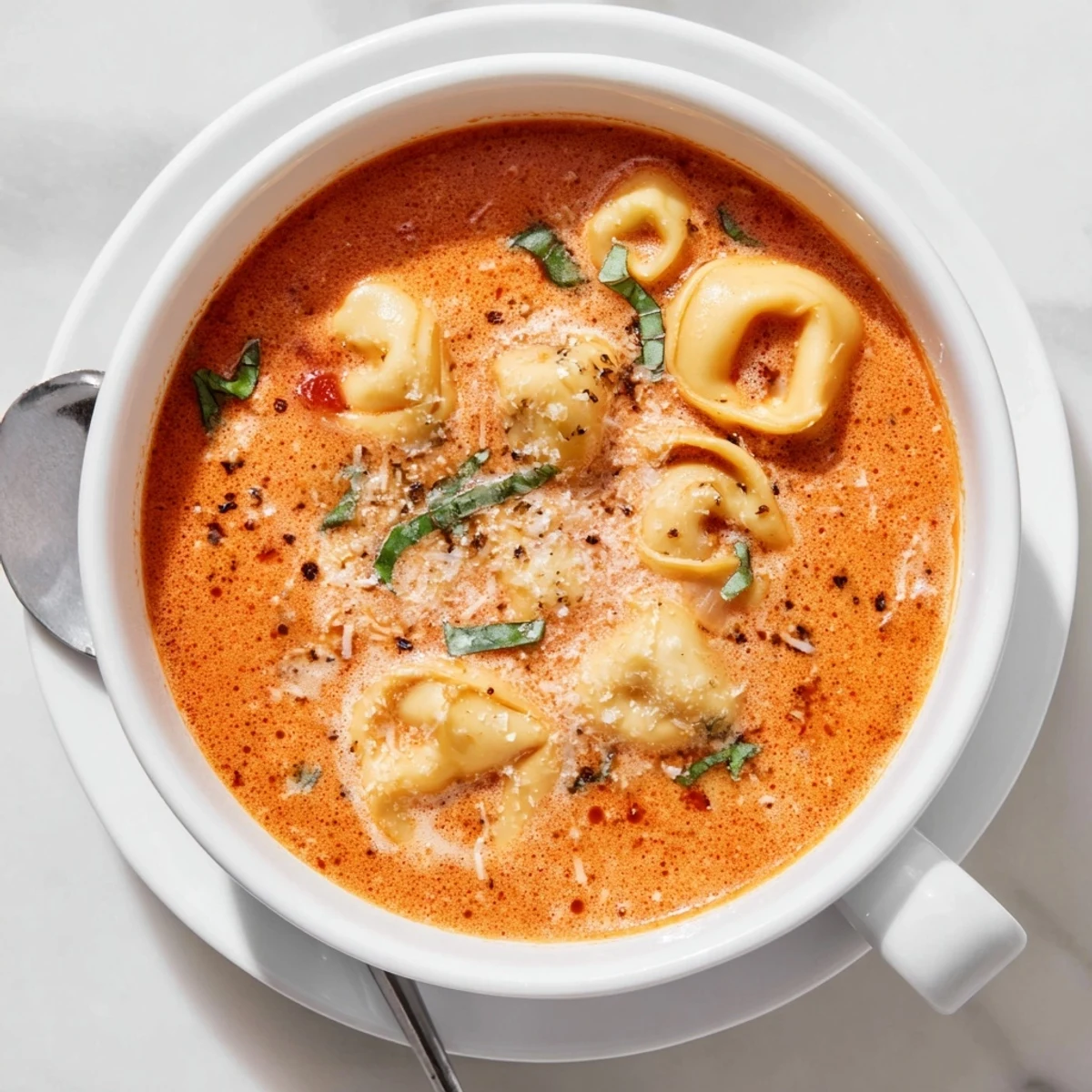 A close-up of One Pot Creamy Tomato Tortellini Soup, showing tender cheese tortellini and fresh basil in a velvety red tomato broth.  
