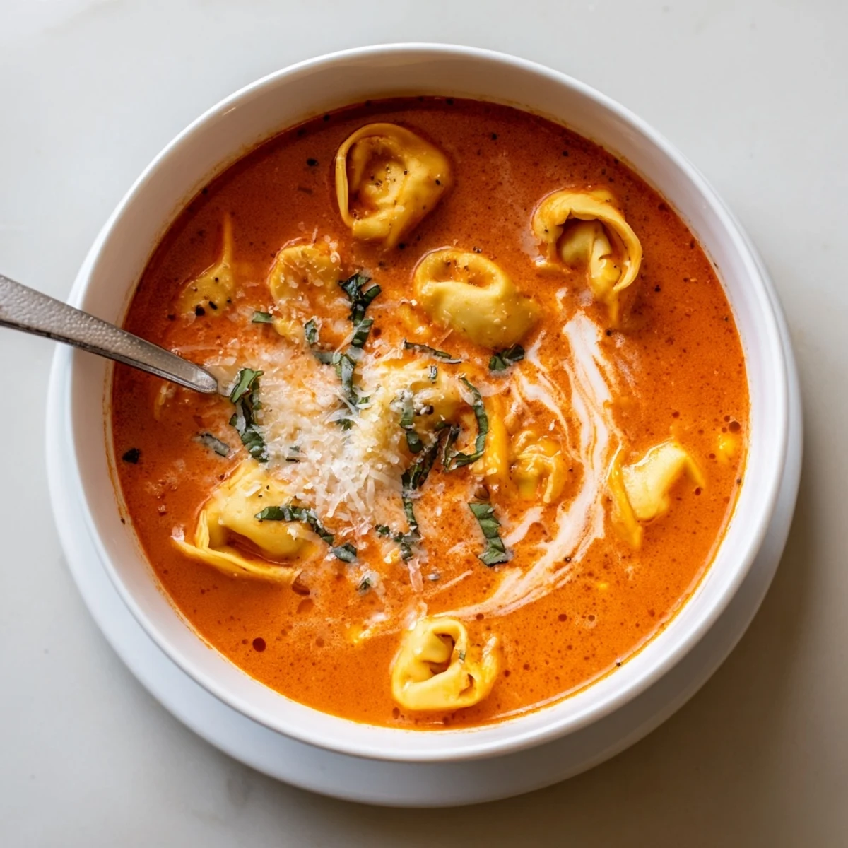 Steaming bowl of One Pot Creamy Tomato Tortellini Soup topped with grated Parmesan, ready to serve with crusty bread.  