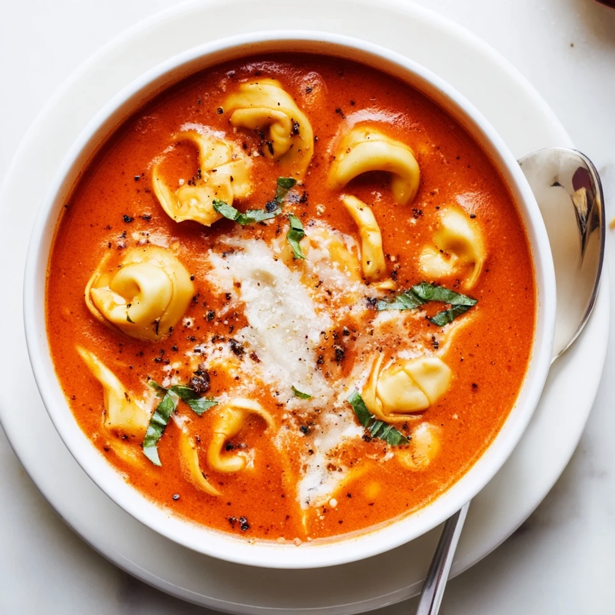 A rustic pot of One Pot Creamy Tomato Tortellini Soup with heavy cream stirred in, garnished with fresh basil and pepper.