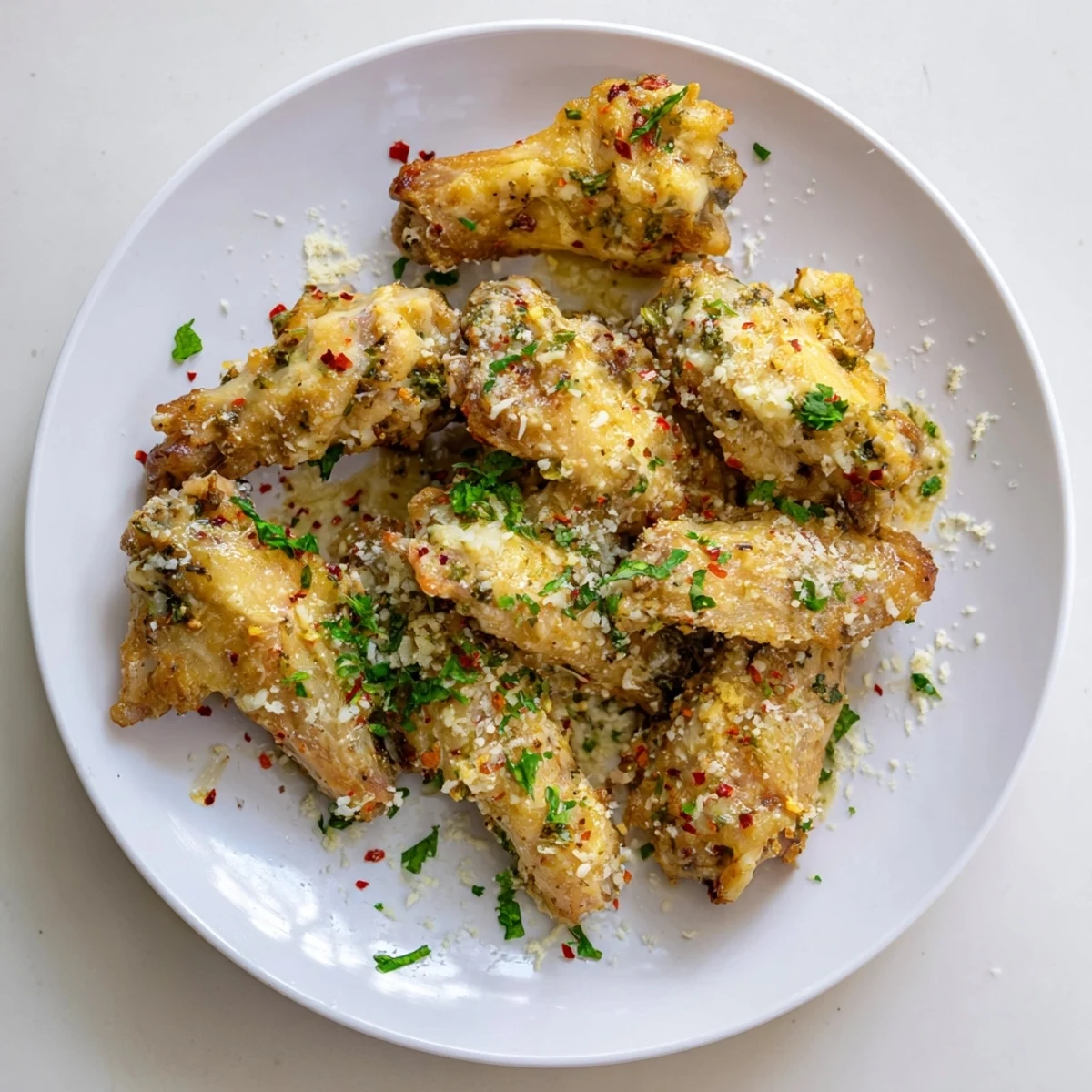 Crispy air fryer garlic parmesan chicken wings glistening with buttery garlic sauce, garnished with fresh parsley and extra Parmesan.  