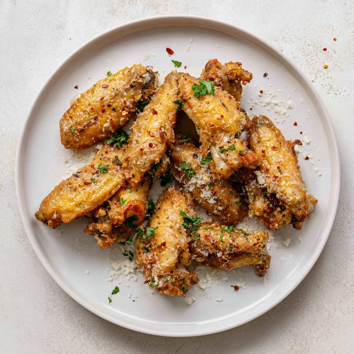 These golden-brown air fryer garlic parmesan chicken wings are served with celery sticks and a side of creamy ranch dip.  