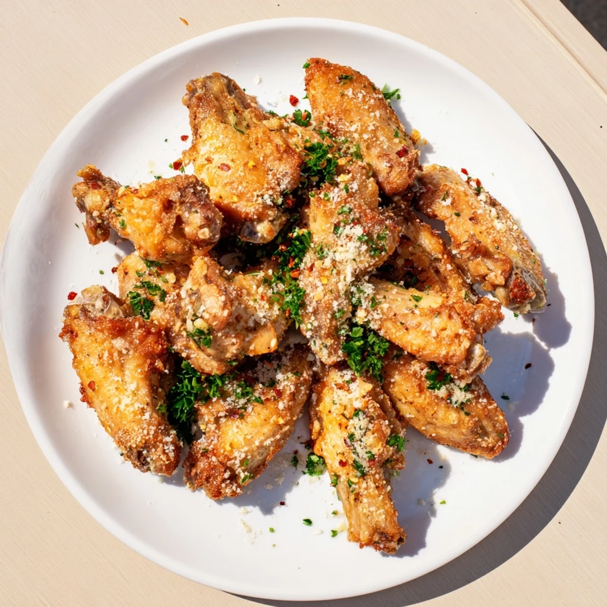 Perfectly seasoned air fryer garlic parmesan chicken wings, ready to enjoy as an appetizer or main course for game day.