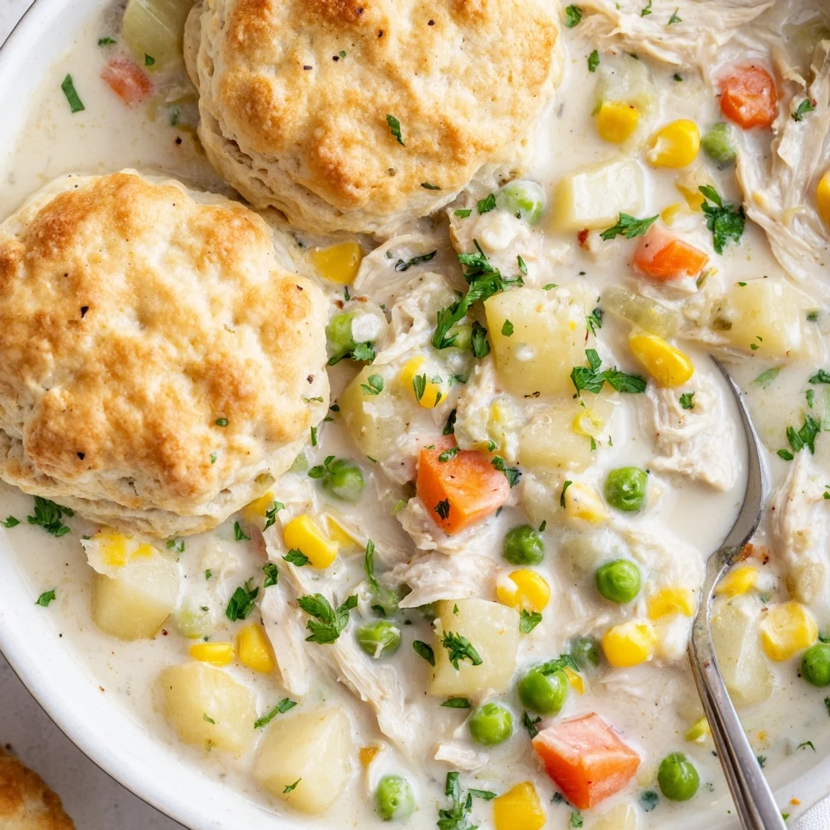 Steam rises from the savory Chicken Pot Pie Soup, revealing tender chunks of chicken, peas, and carrots beneath fluffy biscuit crusts.