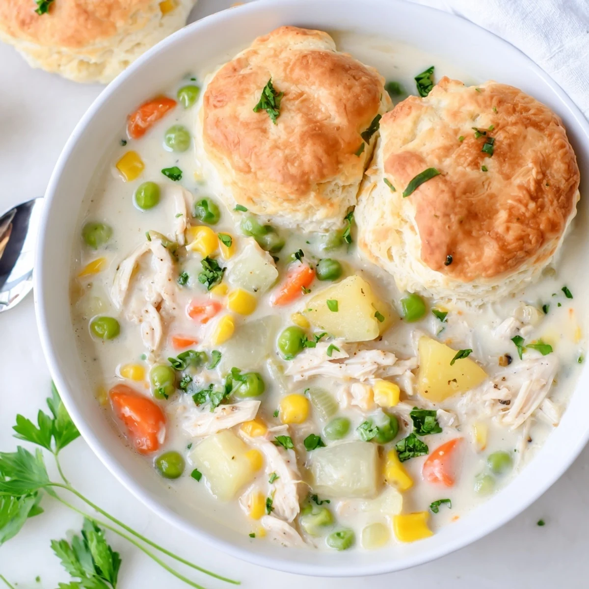 Serving dish of homemade Chicken Pot Pie Soup, topped with rustic biscuits and a sprinkle of herbs, perfect for a cozy meal.