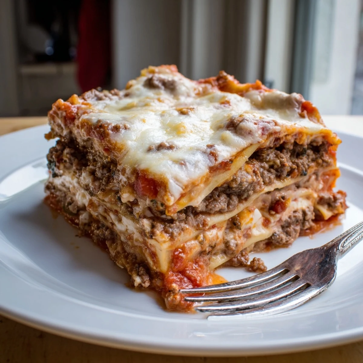A slice of classic beef lasagna reveals layers of rich beef ragù, homemade marinara, and melted mozzarella on a ceramic plate, garnished with fresh basil.