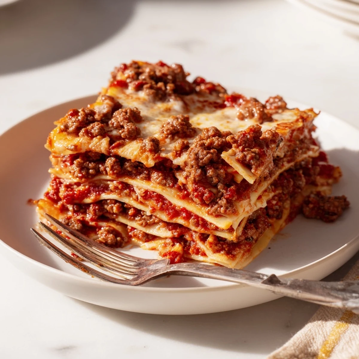 Freshly baked classic beef lasagna showcases layers of pasta, beef, creamy béchamel, and homemade marinara, with melted cheese stretching from a forkful.