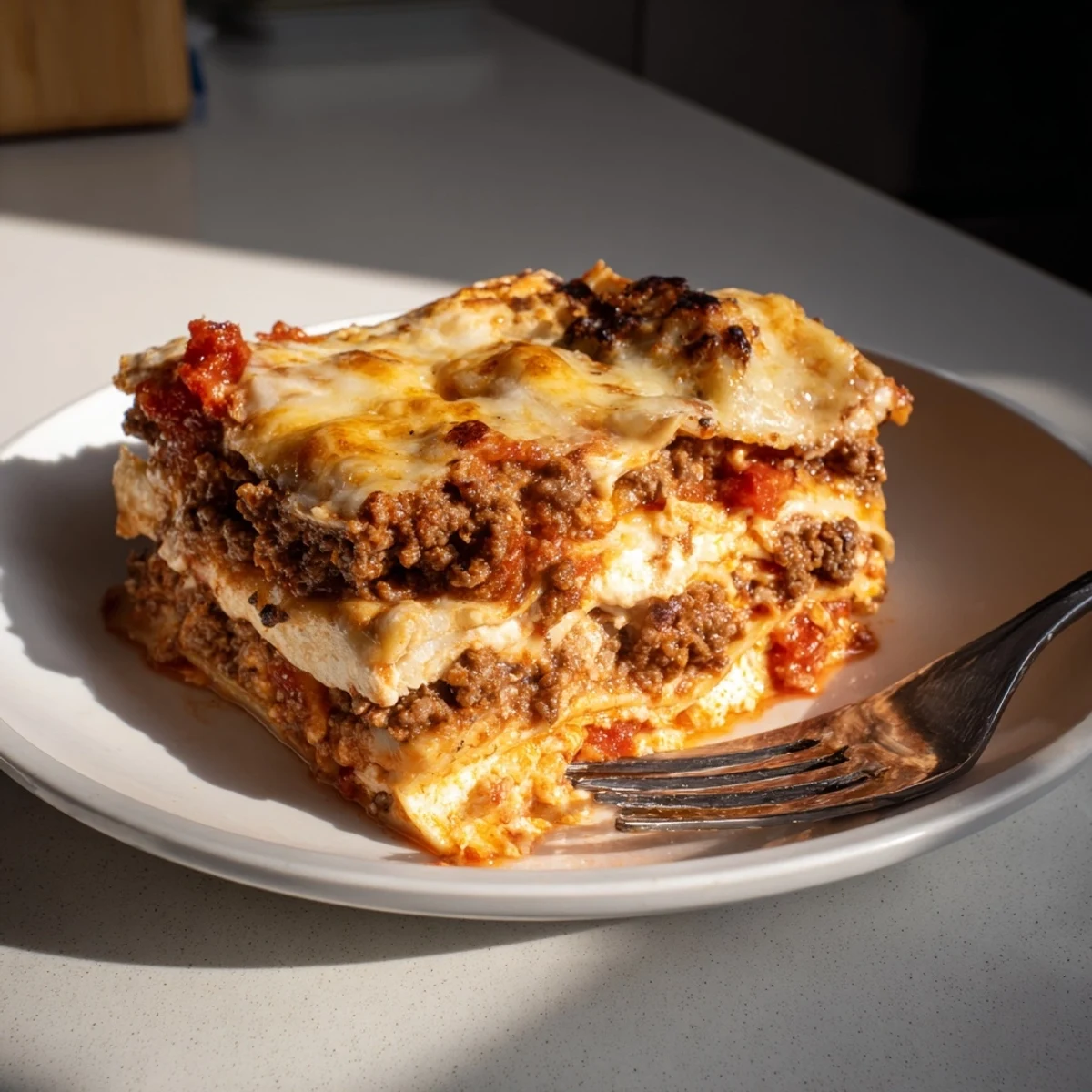 Golden, bubbling classic beef lasagna with homemade marinara sauce sits in a baking dish, topped with fresh basil leaves and ready to slice and serve.