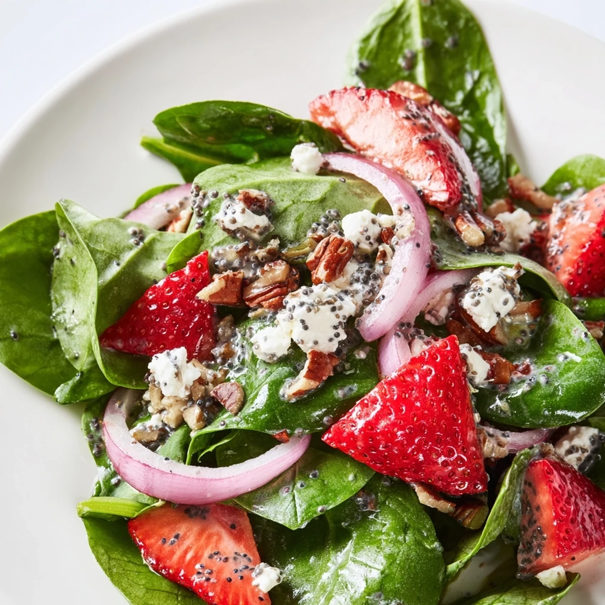 A vibrant bowl of Strawberry Spinach Salad with Poppy Seed Dressing, featuring fresh spinach, sliced strawberries, crumbled feta, and toasted pecans.