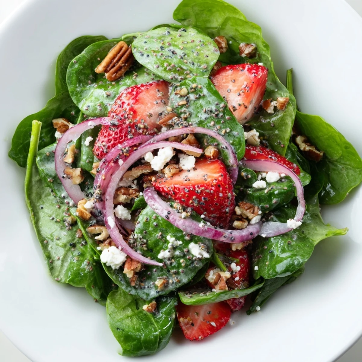 Freshly tossed Strawberry Spinach Salad with Poppy Seed Dressing, topped with red onion and sunflower seeds, perfect for a light summer lunch.