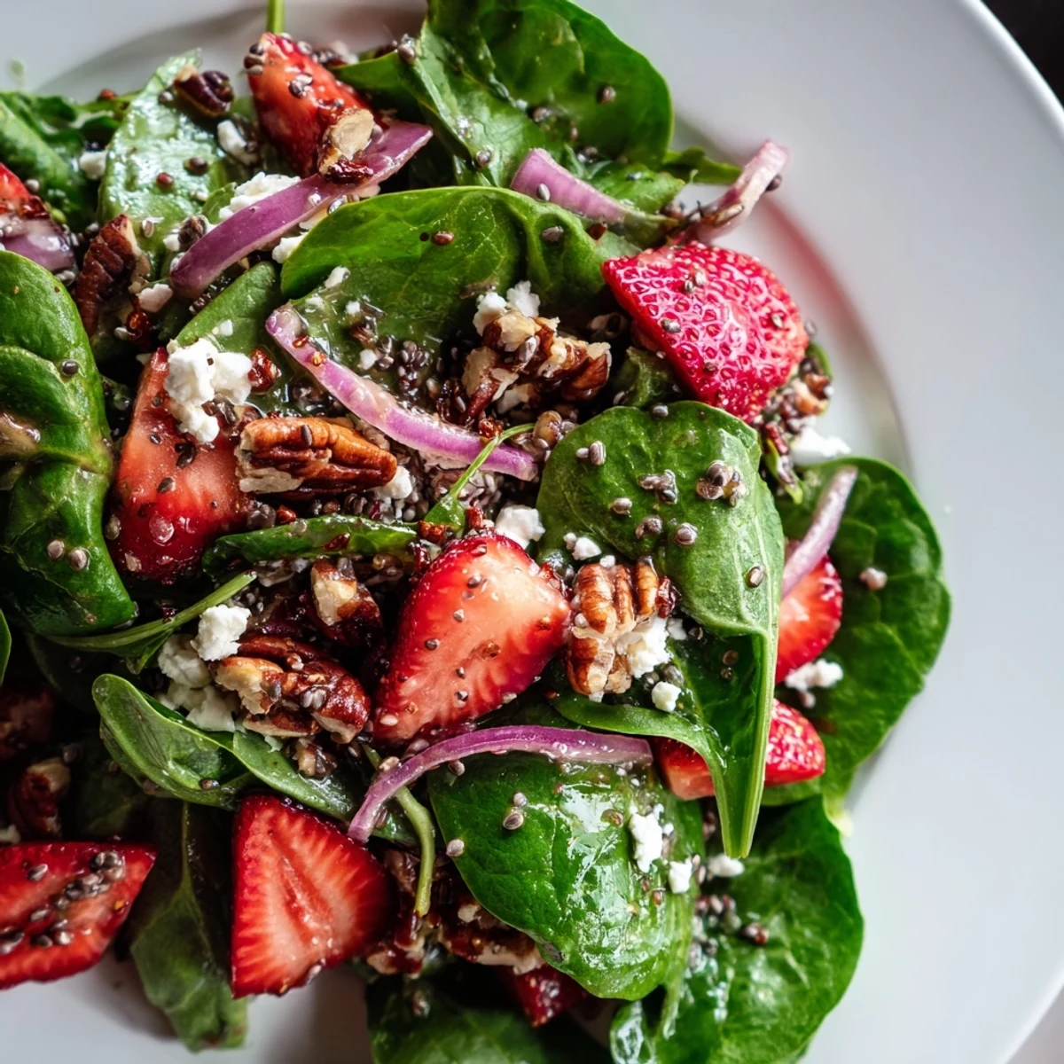 Bright, colorful Strawberry Spinach Salad with Poppy Seed Dressing served on a white plate, ideal for spring picnics and healthy meals.