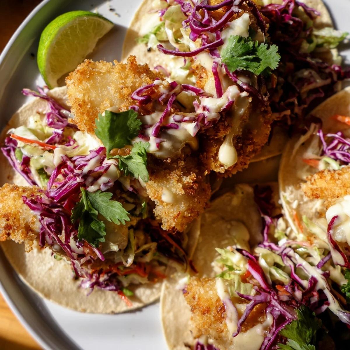 Golden, crispy fish fillets nestled in warm corn tortillas, topped with vibrant cabbage slaw and a drizzle of creamy sauce.