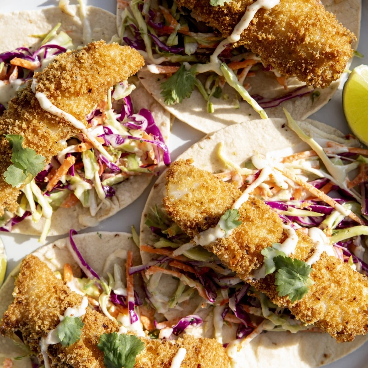 Crispy Fish Tacos with Cabbage Slaw piled high on a plate, garnished with fresh cilantro and lime wedges for squeezing.